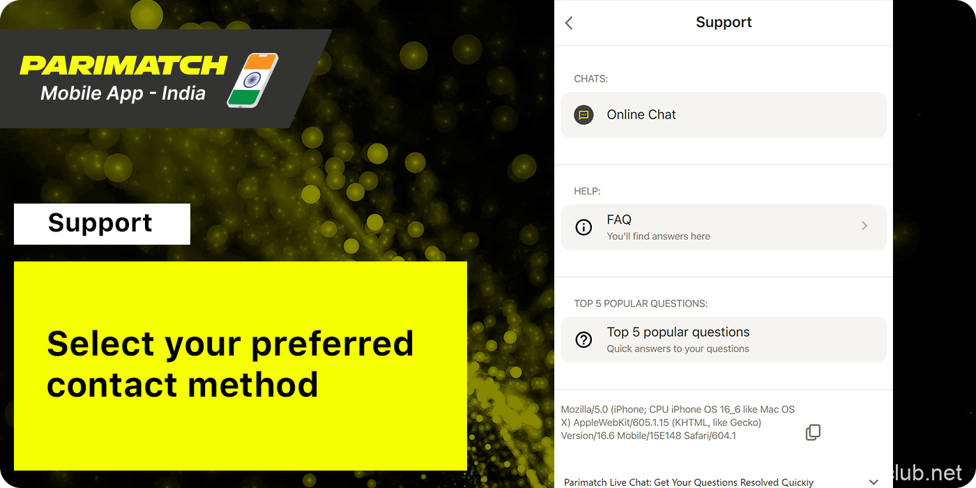 Select the contact method you like - Parimatch App India